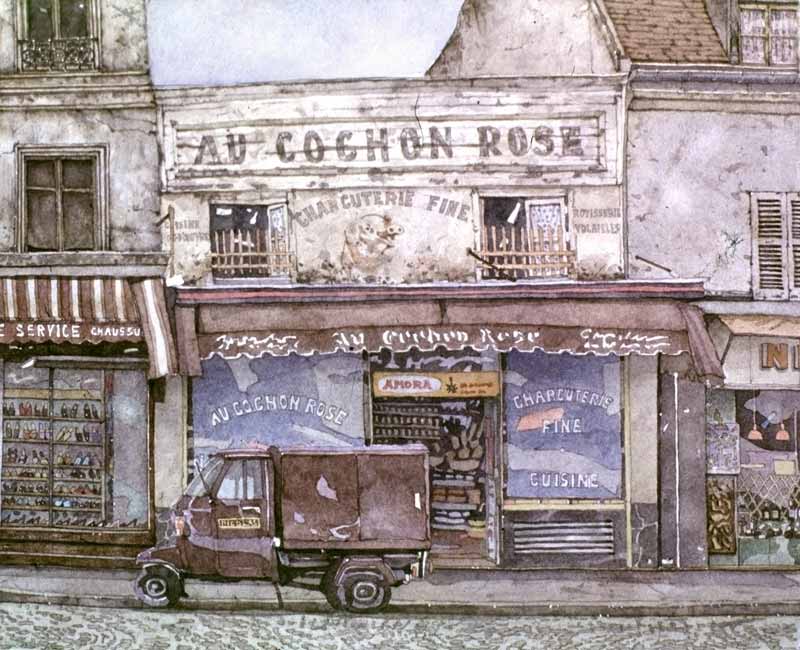 Watercolor Painting by Eddie Flotte: Au Cochon Rose