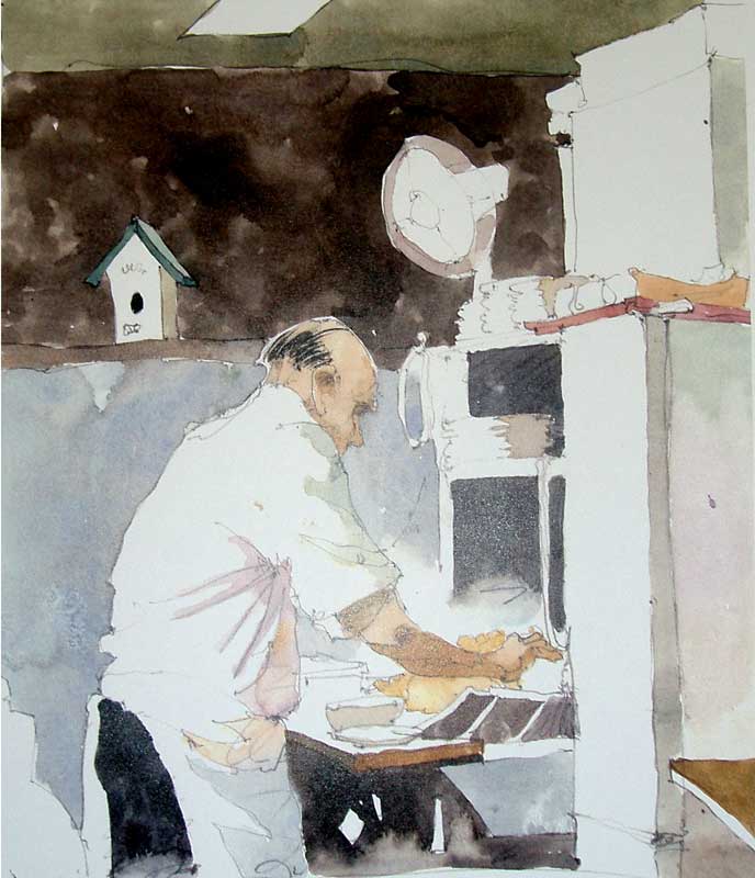 Watercolor Painting by Eddie Flotte: Carl at Hank's Place
