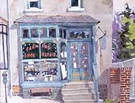 Painting by Eddie Flotte: Carmen's Shoe Repair